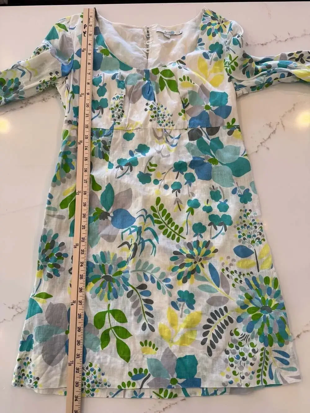 Boden 100% Linen Floral Print Shift Dress 3/4 Sleeve Size US 4
